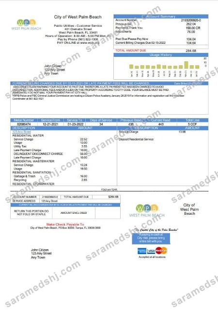 USA Florida City of West Palm Beach utility bill template in Word and PDF format
